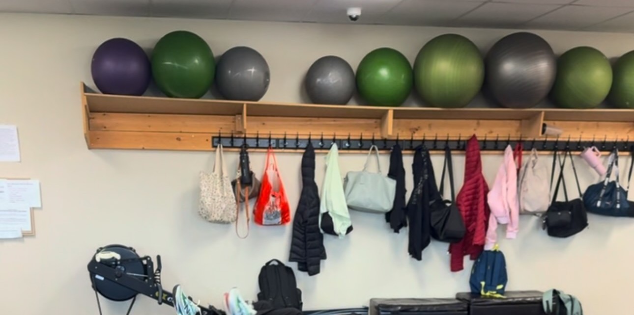 Medicine balls on a shelf and hanging bags at Rock Center